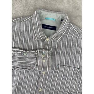 Tommy Bahama Shirt Mens Large Gray White Striped 100% Linen Long Sleeve Beach